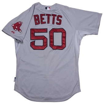 2015 Mookie Betts Game Used Boston Red Sox Road Jersey Worn on 5/28/2015 At Texas For 3rd Career Triple (MLB Authenticated)